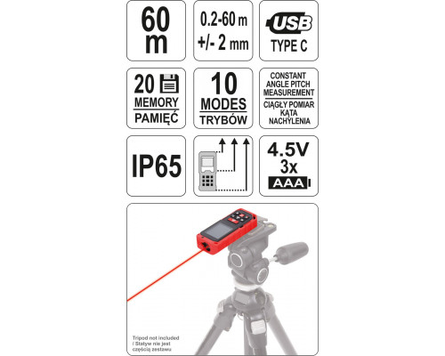 Лазерний далекомір рулетка до 60м YATO YT-73127