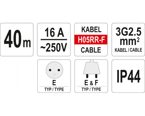 Подовжувач 3х2,5мм - 40м YATO YT-8102