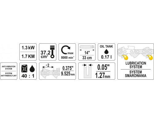 Ланцюгова бензопила 1,7 л. с. YATO YT-84895
