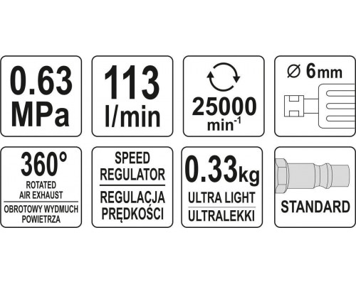 Пряма пневматична шліфувальна машина YATO YT-09633