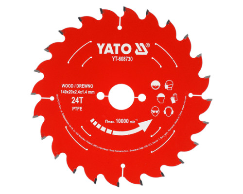 Диск пильный для дерева с твердосплавными наплавками TCT PTFE 140x20x24T YATO YT-608730