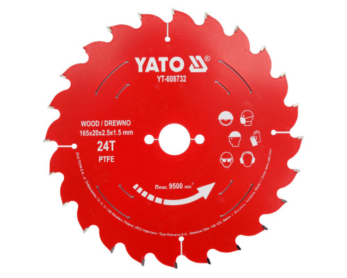 Диск из ТКТ с ПТФЭ для дерева 165х24Tх20мм YATO YT-608732