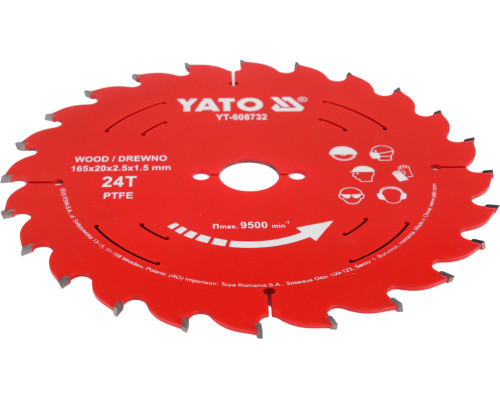 Диск из ТКТ с ПТФЭ для дерева 165х24Tх20мм YATO YT-608732