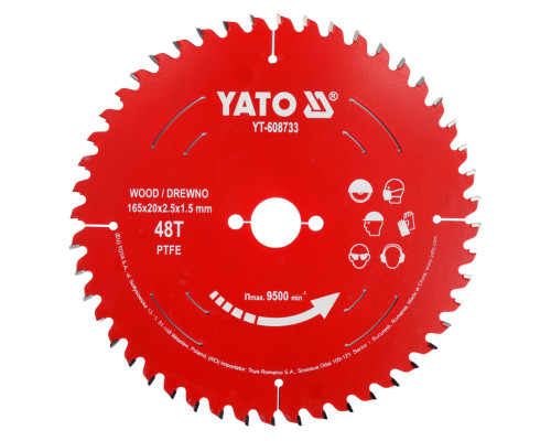 Диск из ТКТ с ПТФЭ для дерева 165х48Tх20мм YATO YT-608733