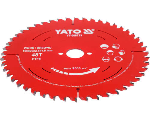 Диск из ТКТ с ПТФЭ для дерева 165х48Tх20мм YATO YT-608733
