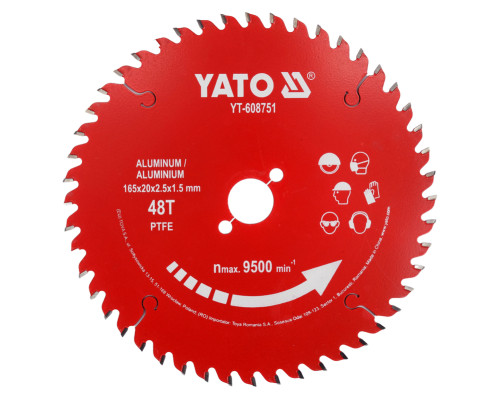 Диск отрезной для алюминия TCT PTFE 165x20x48T YATO YT-608751
