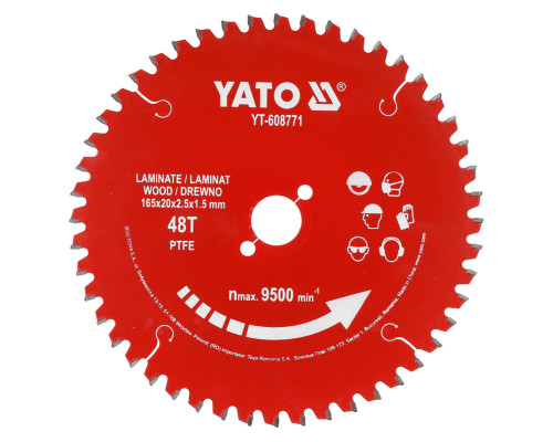 Диск из ПТФЭ с твердосплавными вставками для ламината 165х20х48T YATO YT-608771