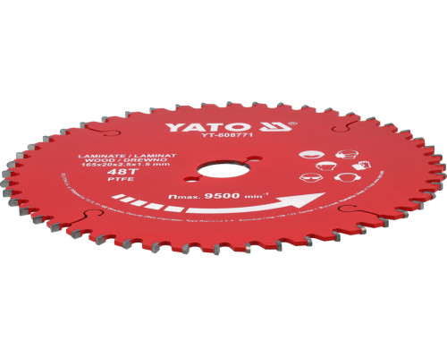 Диск из ПТФЭ с твердосплавными вставками для ламината 165х20х48T YATO YT-608771