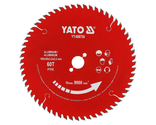 Диск из TCT PTFE с твердосплавными элементами для алюминия 185х20х60T YATO YT-608754
