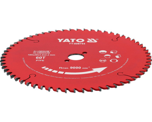 Диск из TCT PTFE с твердосплавными элементами для алюминия 185х20х60T YATO YT-608754