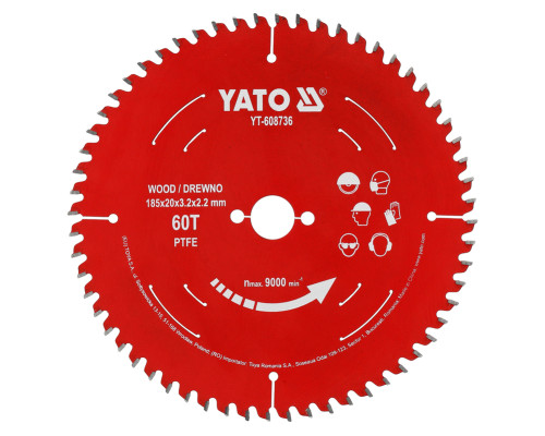 Диск из ТСТ с PTFE для дерева 185х20х60T YATO YT-608736