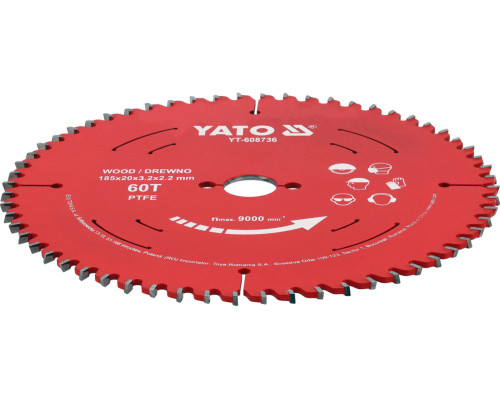 Диск из ТСТ с PTFE для дерева 185х20х60T YATO YT-608736