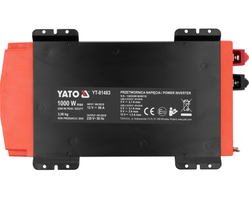 Перетворювач напруги 12/230В 1000Вт PURE SINUS YATO YT-81483
