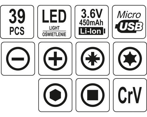Акумуляторна викрутка 3,6 В з бітами 39 шт. YATO YT-27930