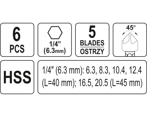 Набір зенковок конічних по металу HEX-1/4" 6 шт YATO YT-44729