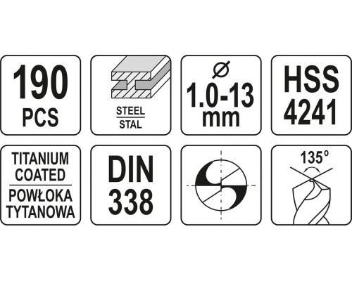 Набір свердел по металу 190 шт 1-13 мм YATO YT-44677