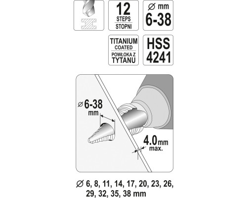 Конусне ступінчасте свердло 6-38мм YATO YT-44740