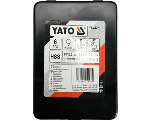 Набір зенковок конічних по металу HEX-1/4" 6 шт YATO YT-44729