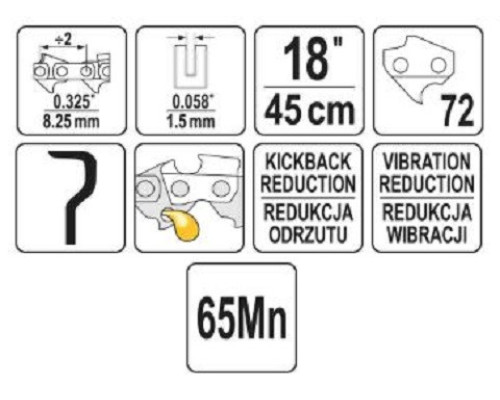Ланцюг для бензопили 18" 0.325" 72 напівдолото YATO YT-84943