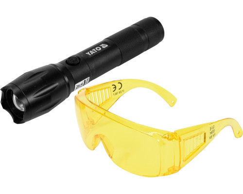 Ультрафіолетовий ліхтарик акумуляторний + комплект окулярів YATO YT-08587