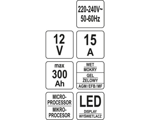 Електронний зарядний пристрій 12В/2А, 6А, 10А, 15А YATO YT-83037